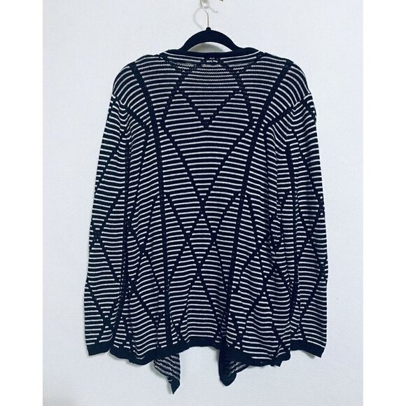 Chicos 2 Womens Large Open Cardigan Geometric Stripe Print Black Cotton - Picture 3 of 6